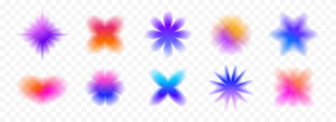 Colorful blurred gradient heart and stars collection. Bright blur aura shapes set. Fading abstract elements for poster, template, badge, sticker, collage. Iridescent smooth form flower pack