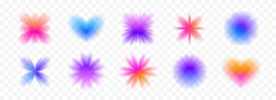 Colorful blurred gradient flowers and hearts collection. Bright blur aura shapes set. Fading abstract elements for poster, template, badge, sticker, collage. Iridescent smooth form flower pack vector