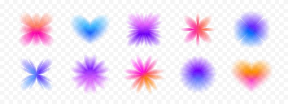 Colorful blurred gradient flowers and hearts collection. Bright blur aura shapes set. Fading abstract elements for poster, template, badge, sticker, collage. Iridescent smooth form flower pack