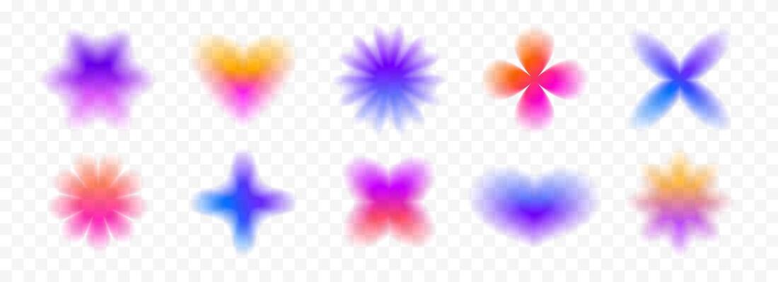 Colorful blurred gradient flowers and hearts collection. Bright blur aura shape set. Fading abstract elements for poster, template, badge, sticker, collage. Iridescent smooth form flower pack