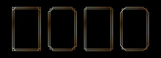 Thin metallic rectangle frame set. Shiny gold foil border collection. Golden glowing geometric boarder bundle in art deco style. Rectangular element pack for photo, cadre, card, emblem, label. vector