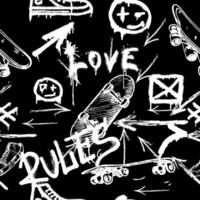 Seamless pattern with charcoal graffiti, doodles, punk and skateboards and text. Pencil drawn icons. vector