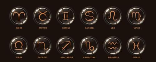 Twelve zodiac signs as round icons, gold monochromatic color on dark background, set. Symbols with names for horoscope. vector