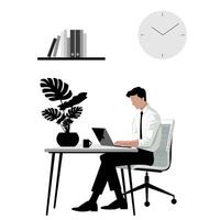 A man in a white shirt and black tie sits half-turned at a smooth, long table, working on a laptop. Minimalistic flat illustration vector