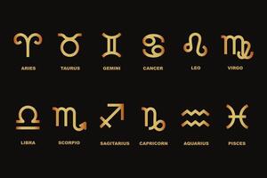 Twelve zodiac signs, gold monochromatic color on dark background, set. Symbols with names for horoscope. vector