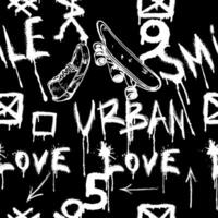 Seamless pattern with charcoal graffiti, doodles, and skateboards and text. Pencil drawn icons. vector