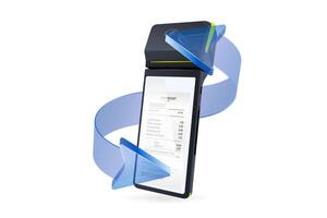 Realistic Payment machine with arrows. POS terminal close-up on white background. Design template for bank payment terminal, Mockup. vector
