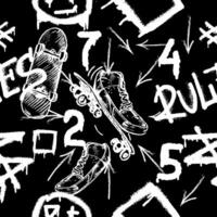 Seamless pattern with charcoal graffiti, doodles, punk and skateboards and text. Pencil drawn. vector