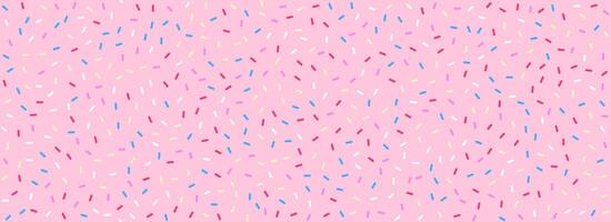 Colorful donut sprinkles seamless pattern. Strawberry candy cream background. Cake glaze icing overlay for decorative banner, poster, template. Cupcake or ice cream topping texture. vector