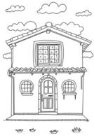 Black and white art line. Coloring page of wooden house with Round windows and sky object for children vector