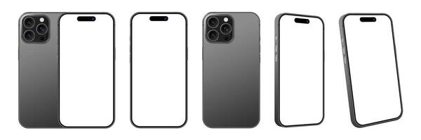 Realistic mobile phone 3d devices with blank display mockup set. Collection of smartphones with front, back and side angle for advertisement illustration vector