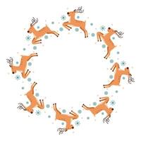 Christmas decorative round frame. Christmas deer with snowflakes in flat style. Round frame for invitation, card, cover, Christmas, New Year. Space for text. vector