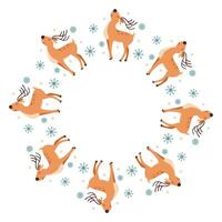 Christmas deer with snowflakes in flat style. Christmas decorative round frame. Round frame for invitation, card, cover, Christmas, New Year. Space for text. vector