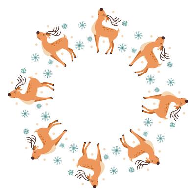 Christmas deer with snowflakes in flat style. Christmas decorative round frame. Round frame for invitation, card, cover, Christmas, New Year. Space for text.
