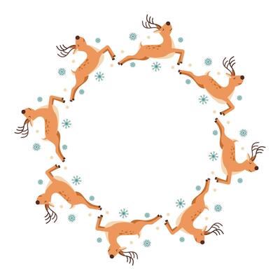 Christmas decorative round frame. Christmas deer with snowflakes in flat style. Space for text. Round frame for invitation, card, cover, Christmas, New Year.