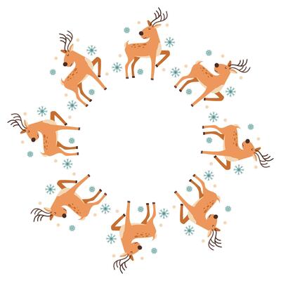 Christmas decorative round frame. Christmas deer with snowflakes. Round frame for invitation, card, cover, Christmas, New Year. Space for text.