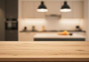 Wooden table top in kitchen with blurred lights photo