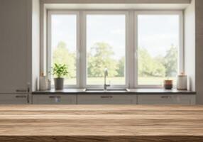 Wooden table top in front of kitchen window photo