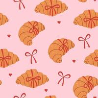 Seamless pattern with croissants with red bows. graphics. vector