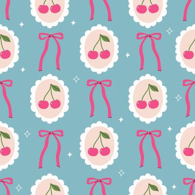 Seamless pattern of cherries in oval frames and bows. graphics.
