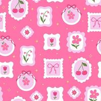 Pink seamless pattern with cherries and flowers in different shapes frames. graphics vector