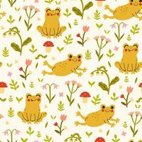 Seamless pattern with cute frogs and flowers. graphics. vector