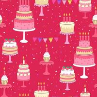 Seamless pattern with birthday cakes and cupcakes on a red background. graphics. vector