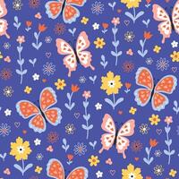 Seamless pattern with butterflies and flowers on a blue background. graphics vector