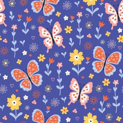 Seamless pattern with butterflies and flowers on a blue background. graphics