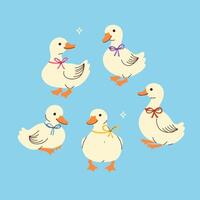 Set of cute white ducks with bows on their necks. graphics. vector