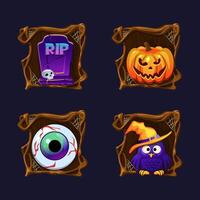 Four Halloween icons or symbols in Spooky frame tree design for decoration elements design greeting cards, invitation, print, game elements or slot symbols. RIP, pumpkin, eye and cartoon own. vector