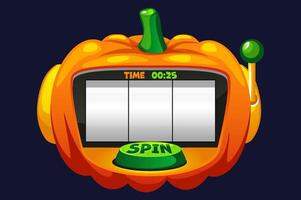 Empty Slot machine in the shape of pumpkin for 2D games. Halloween slot machine, button SPIN. 2D game asset. Halloween Bonus Popup. file with layers for creating easy animation vector