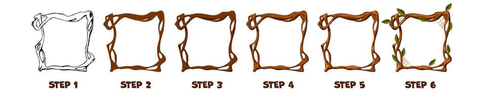 Drawing wooden frame step by step. Tree branch frame for game, print, education or more design vector