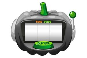 Empty Slot machine in the shape of black pumpkin for 2D games. Halloween slot machine, button SPIN. 2D game asset. Halloween Bonus Popup vector