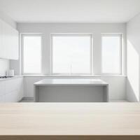 Empty kitchen with table and white cabinets photo