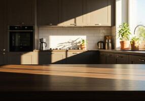 A kitchen counter with a wooden top photo