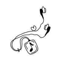 Hand drawn doodle simple wired headphones with music source with musical note, heart shape. Isolated on white background vector