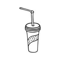 Hand drawn doodle simple disposable paper cup for soda, cold drink with drinking straw with dots pattern. Isolated on white background vector