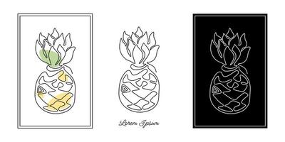 Set of minimalistic continuous line art of pineapple for the logo in various designs. Ananas in one line art style. Isolated on white background vector