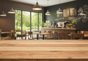 Table top in a coffee shop with wooden chairs and tables photo