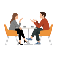 Two Individuals Engaged in Conversation at a Table with Coffee Cups in a Casual Setting on a transparent background png