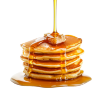 pancakes with syrup being poured over them on a transparent background png