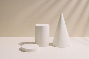 Minimalist composition featuring white geometric shapes- a cylinder, disk, and cone- arranged on a neutral background with soft, natural lighting. photo