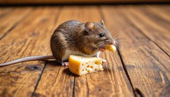 a mouse eating cheese on a wooden floor photo