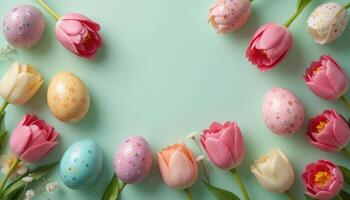 On a light green background there are pastel Easter eggs and tulips in pink, peach and cream shades. The composition creates a festive spring mood with delicate details. photo