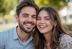 a couple of young people who look at the camera and smile. They look happy and in love. Greenery is visible in the background. photo