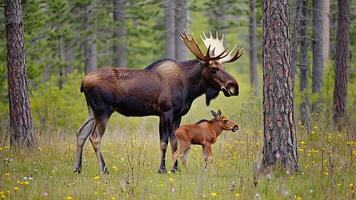 a moose and her calf in a forest photo