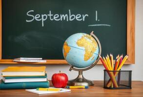 A chalkboard with the inscription September and educational supplies on the table, books, a globe, an apple and pens, creating an atmosphere of the school year and preparation for school. photo