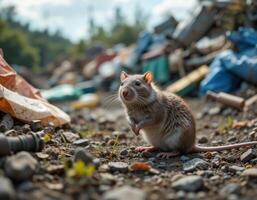 a rat is standing on the ground near garbage photo
