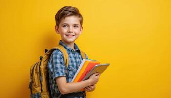 portrait of a smiling boy with a backpack and a tablet on yellow background photo